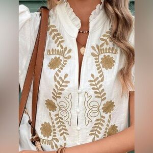 ❤️Hello Gorgeous! Embroidered Frill Notched Short Sleeve Blouse - Beige Cotton